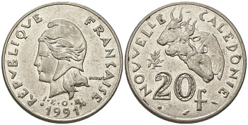 Французская Новая Каледония 20 франков 1991 три быка, (IEOM) KM 12, Schoen 14, Lec 114 никель 81-211
