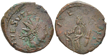 Римская Империя, императоры в Галлии антониниан 273 - 274 Тетрик II, C PIV ESV TETRICVS CAES, бюст цезаря / SALVS AVG, Салюта, персонификация Здоровья, локальная чеканка в Галлии RIC 267 биллон 1073-24-15