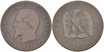 Франция 5 сантимов 1855 A, Наполеон III (1852-1870) KM 777.1, LE FRANC 116.17 бронза 4448-1232