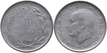 Турция 1 лира 1966 Мустафа Кемаль Ататюрк 889а.1 нержавеющая сталь 4541-1233