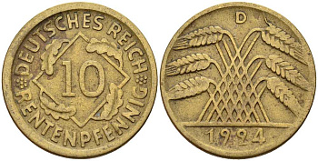 ГЕРМАНИЯ 10 РЕНТЕНПФЕННИГОВ 1924 D KM 33, J. 309 алюминиевая бронза 4401-413
