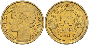 ФРАНЦИЯ 50 САНТИМОВ 1941 ТИП MORLON KM 894.1, LE FRANC 192.18 алюминиевая бронза 44-636