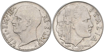 ИТАЛИЯ 20 ЧЕНТЕЗИМО 1941 R, ГОД XIX, ВИКТОР ЭММАНУИЛ III (1900-1946) KM 75b, VEM3. 1028 нержавеющая сталь 3853-653