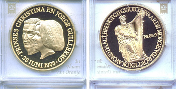 НИДЕРЛАНДЫ МЕДАЛЬ ND СВАДЬБА ПРИНЦЕССЫ КРИСТИНЫ И ДЖОРДЖА ГИЛЬЕРМО 28 ИЮНЯ 1975 ГОДА бронза, позолота PROOF 5-3-1-87