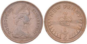Великобритания 1/2 новый пенни 1971 Елизавета II (1952-2022) KM 914, Spink 4239 бронза 4614-767
