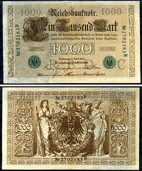 Германия 1000 марок 1910 21 апреля 1910, зеленая печать, номер семизначный, серия B, буква C, выпуск АПРЕЛЬ - ИЮЛЬ 1918 Pick 45 b бумага 8618-54-1-2