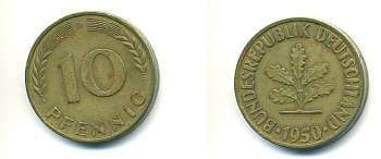 ФРГ 10 ПФЕННИГОВ 1950 D KM 108, J. 383 сталь плакированная латунью 80-323