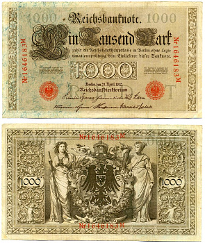 Германия 1000 марок 1910 21 апреля 1910, буква T, номер семизначный, серия M, выпуск (09.1922) Pick 44b, Розенберг 45с бумага 8618-17-1-1