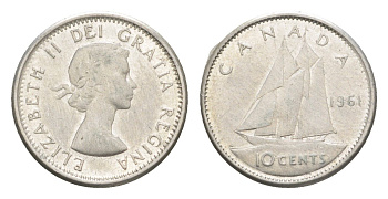 Канада 10 центов 1961 Елизавета II (1952-2022), парусник KM 51 серебро 4651-344