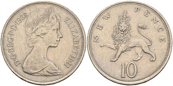 Великобритания 10 пенсов 1968 Елизавета II (1952-2022) KM 912, Spink 4231 (F1) медно-никель 4117-915