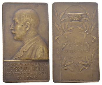 Франция плакета 1911 французский археолог А. де Вильфосс. Медальер О. Йенцесс, 39,22 гр., 59,8×34,7 мм  бронза    1089-5-11