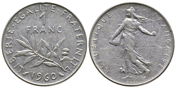 ФРАНЦИЯ 1 ФРАНК 1960 СЕЯТЕЛЬ KM 925.1, LE FRANC 226.4 никель 3999-425