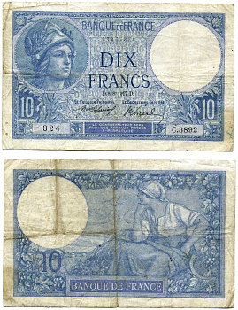 Франция 10 франков 1917 8 августа 1917, Минерва, signatures: Laferriиre & Picard Pick 73а бумага 6285-37-1-2