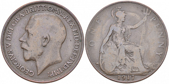 Великобритания 1 пенни 1917 Георг V (1910-1936) КМ 810, Spink 4051 бронза 69-143