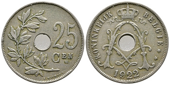 БЕЛЬГИЯ 25 САНТИМОВ 1922 BELGIE KM 69 медно-никель 177-1037