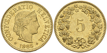 Швейцария 5 раппенов 1985 KM 26c алюминиевая бронза 4596-455