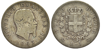 Италия 1 лира 1863 M-BN, Виктор Эммануил II KM 5a.1 серебро 27-1255
