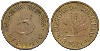 ФРГ 5 пфеннигов 1984 F KM 107, J. 382 сталь плакированная латунью 4580-666