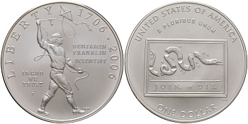 США 1 доллар 2006 P, 300 лет со дня рождения Бенджамина Франклина, змея KM 387 серебро BU 11-233-24