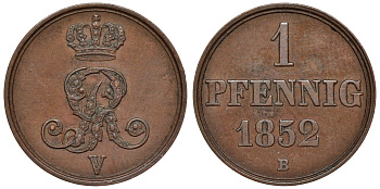 Ганновер 1 пфенниг 1852 B, Георг V, год тип KM 216, AKS 154, J. 82 медь 4594-441