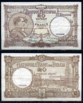 Бельгия 20 франков 1941 11.10.1941, Король Альберт I и его жена Королева Елизавета, Гран-Плас / Гроте Маркт, Брюссель Pick 111 (2) бумага 6301-27-1-2