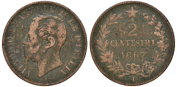 Италия 2 чентезимо 1867 T, Виктор Эммануил II KM 2.3 медь 4164-669