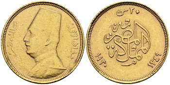 Египет 20 пиастров 1930 Ахмед Фуад I (1341-1355) (1922-1936) KM 351 золото 00-809-42