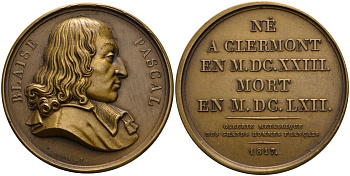 Франция медаль 1817 серия "Великие французы", Блез Паскаль, медальер Клод Дюбуи, диаметр 41 мм., поздний чекан бронза 00-00