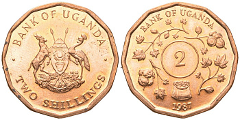 Уганда 2 шиллинга 1987 KM 28 сталь плакированная медью aUNC 4364-3551