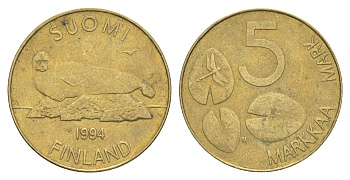 Финляндия 5 марок 1994 KM 73 алюминиевая бронза 4648-633
