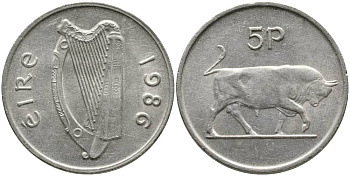 ИРЛАНДИЯ 5 ПЕНСОВ 1986 БЫК KM 22 медно-никель 4525-1134