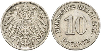 Германия 10 пфеннигов 1912 E KM 12, Jager 13, Weege 8 медно-никель 219-224
