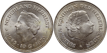 Нидерланды 10 гульденов 1970 25 лет освобождения от фашизма (1945-1970), Юлиана KM 195 серебро aUNC 1515-1724