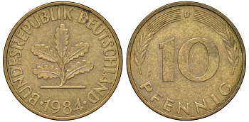 ФРГ 10 пфеннигов 1984 D KM 108, J. 383 сталь плакированная латунью 4132-555