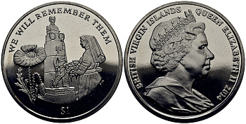 Британские Виргинские острова 1 доллар 2014 в память героев первой мировой войны, памятник KM NEW медно-никель  UNC  4386-631