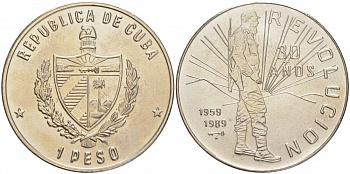 Куба 1 песо 1989 серия 30 лет революции, Фидель Кастро с винтовкой KM 253 медно-никель UNC M36-13