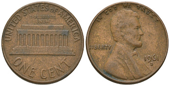 США 1 цент 1961 D, Линкольн KM 201 медь цинк 4567-867