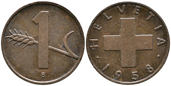 ШВЕЙЦАРИЯ 1 РАППЕН 1958 В KM 46 бронза 4528-619