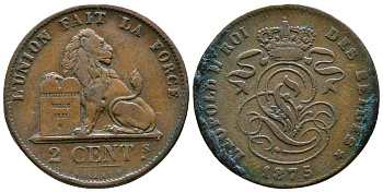 БЕЛЬГИЯ 2 САНТИМА 1875 BELGES KM 35.1 медь 4364-1353