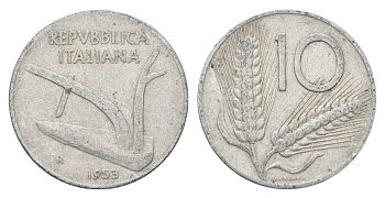 Италия 10 лир 1953 R, плуг, колосья KM 93 алюминий 4704-523