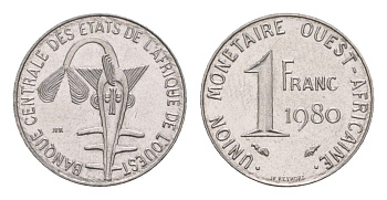 Западная Африка (BCEAO) 1 франк 1980 KM 8 нержавеющая сталь UNC 4655-765