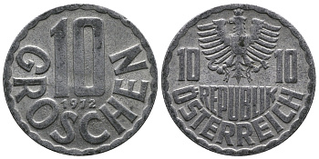 АВСТРИЯ 10 ГРОШЕЙ 1972 KM 2878 алюминий 54-952