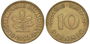 ФРГ 10 пфеннигов 1950 J KM 108, J. 383 сталь плакированная латунью 4132-532