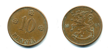 Финляндия 10 пенни 1926 республика (1918-1962) KM 24 медь 46-1523