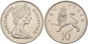 Великобритания 10 пенсов 1979 Елизавета II (1952-2022) KM 912, Spink 4231 (F1) медно-никель 4587-1225