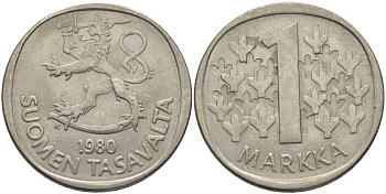 ФИНЛЯНДИЯ 1 МАРКА 1980 К KM 49а медно-никель 28-153