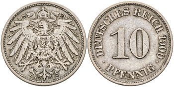 Германия 10 пфеннигов 1900 A KM 12, J. 13 медно-никель    4595-135