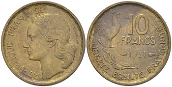 Франция 10 франков 1951 петух KM 915.1, Le Franc 363.4 алюминиевая бронза 4549-1241