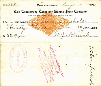 США чек на 33,24 долларов 1901 Филадельфия бумага 3295-84-2-1