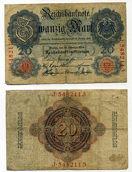 ГЕРМАНИЯ 20 МАРОК 1914 СЕМЬ ЦИФР В НОМЕРЕ Pick 46b бумага 8589-53-1-2